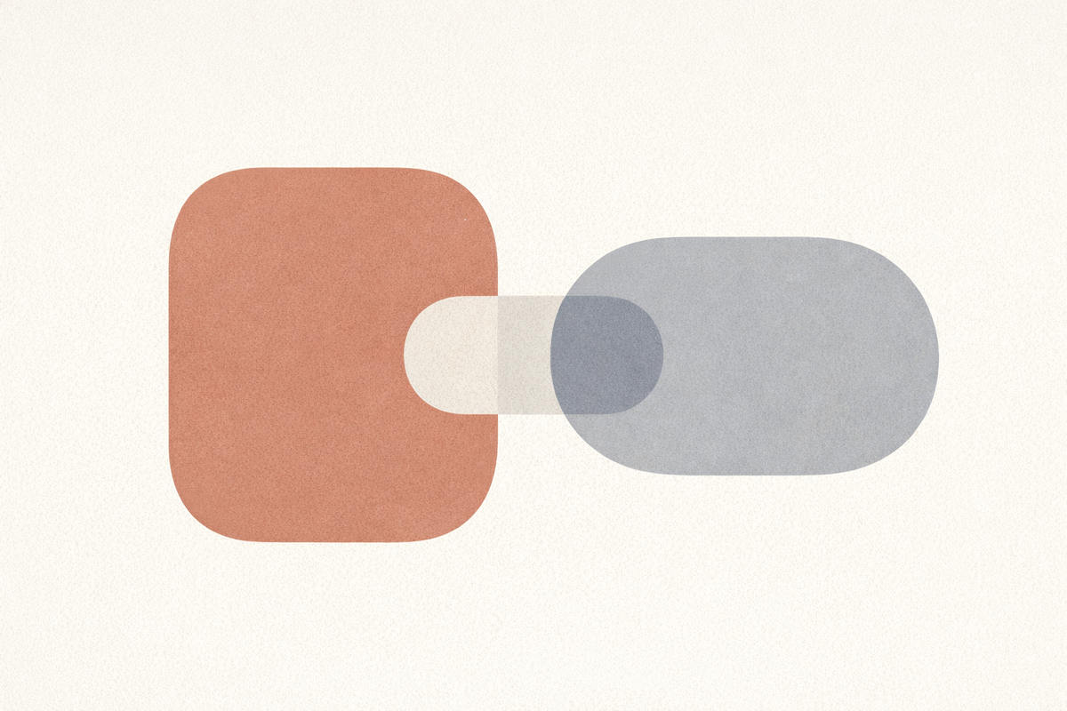 Abstract editorial illustration showing two connected but distinct concepts, representing the relationship between RIMAN and Incellderm.