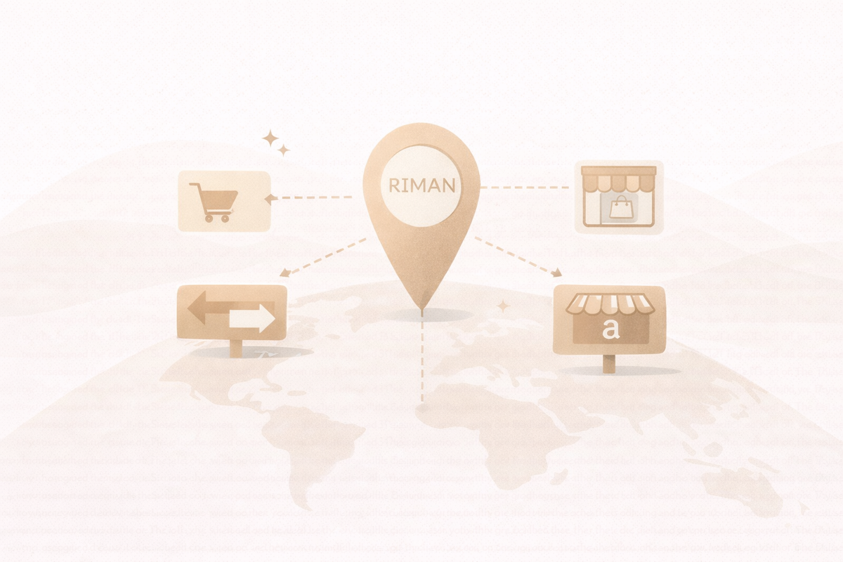 Editorial illustration showing global access paths to RIMAN skincare, with a central location marker connected to different purchasing options across regions.