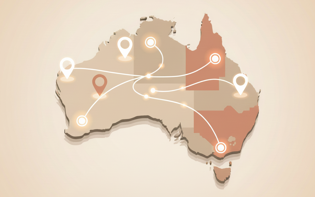 Editorial-style beige illustration showing an abstract map of Australia with dotted guidance lines 