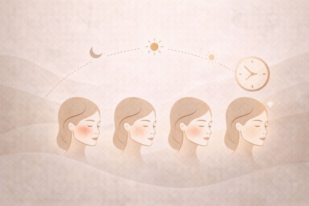 Editorial-style illustration showing a gradual timeline of facial skin changes over time, representing how skincare results develop with consistent use.