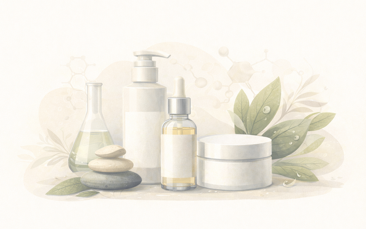 Editorial-style illustration representing a routine-based Korean skincare system focused on balance and long-term skin comfort