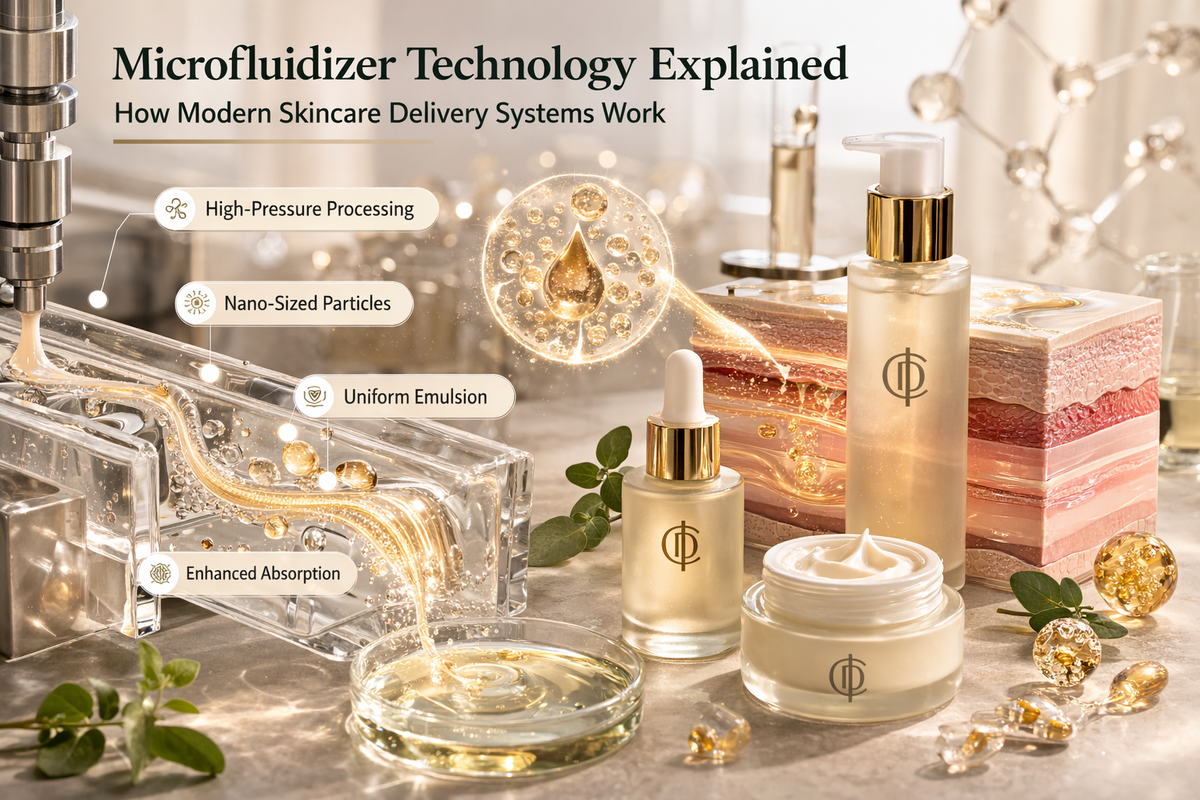 Microfluidizer skincare technology diagram showing nano particle delivery system