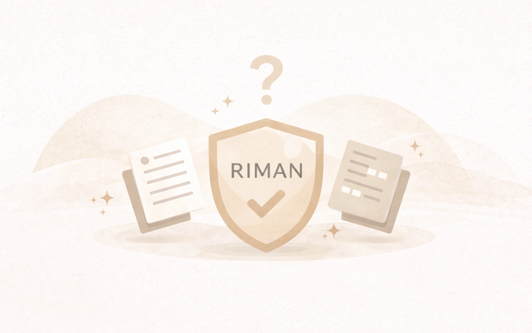 Minimal editorial illustration representing questions around brand legitimacy, with abstract documents and a shield symbol used to explain whether RIMAN is an official brand.