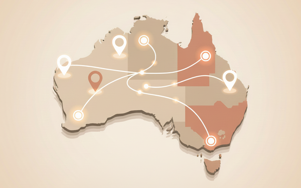 Editorial-style beige illustration showing an abstract map of Australia with dotted guidance lines 