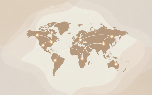 Editorial-style abstract illustration showing a simplified global map with soft connection lines, representing regional skincare availability.