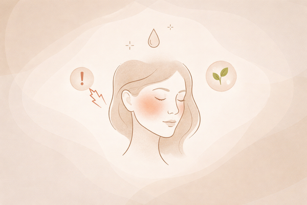 Editorial-style illustration showing a calm facial silhouette with subtle redness, representing sensitive skin reactions and gentle skincare considerations.