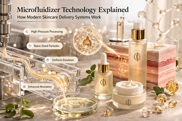 Microfluidizer skincare technology diagram showing nano particle delivery system